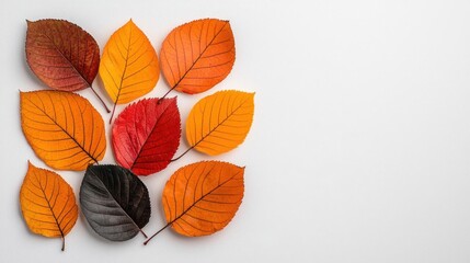 Fototapeta premium A photostock of autumn leaves in a pile on a white background, vibrant and seasonal.