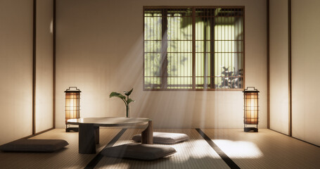low table in room Japanese style with decoration muji minimal. 3D rendering