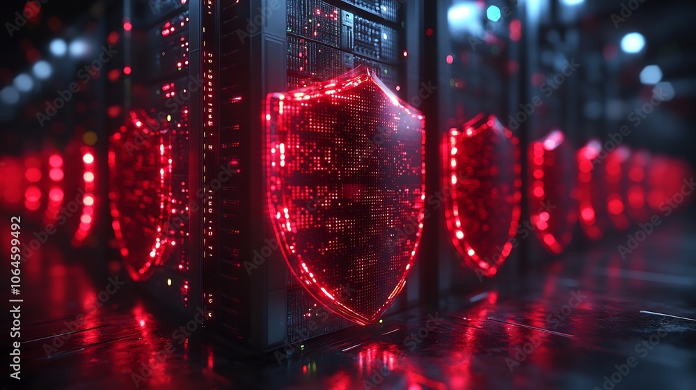 Poster office server room glowing security shields and encrypted connections between servers representing t