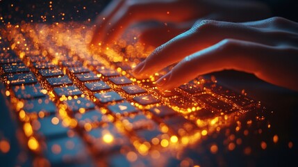 Hands typing keyboard surrounded by streams of glowing binary code symbolizing cyber security vigilance and safe online practices highdetail closeup