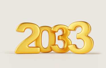 2033 Happy New Year golden number design on white background 3d render. Luxury gold metal font typography for poster, banner, calendar, greeting card and Christmas celebration 2033. 3D illustration