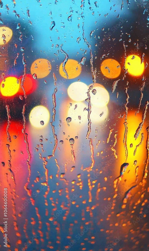 Poster rain drops on a window pane with colorful lights in the background. ai.