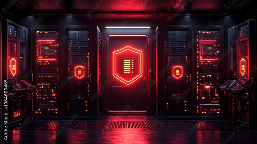 Poster office network server room glowing security shields and encrypted connections between servers repres
