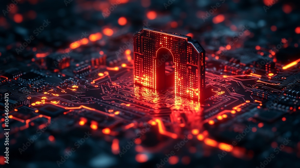Poster circuit board design forming digital fortress symbolizing secure communication and network protectio