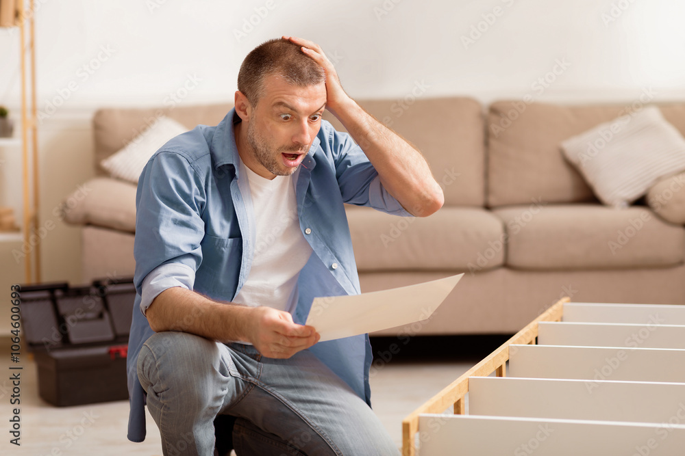 Poster self-assembly furniture. shocked man looking at shelf installation instruction scratching head makin