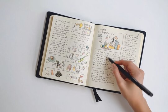 An open journal filled with handwritten reflections and drawings, fostering self-discovery and mental clarity against a minimalist background.