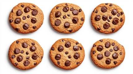 A photostock of chocolate chip cookies arranged in a row on a white background, isolated and appetizing.