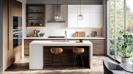 a kitchen with a white counter top and a light on the ceiling.