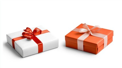 A photostock of a bright red gift box with a ribbon on a white background, festive and isolated.