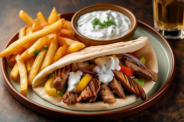 Gyros im Fladenbrot mit Pommes Frites und Tzaziki auf einem Teller