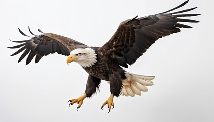 Obraz premium A bald eagle (haliaeetus leucocephalus) is flying on clean grey background. Suitable for marketing or business purposes