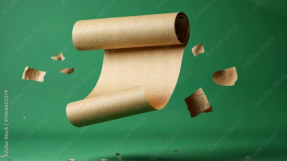 Poster unrolling brown paper roll with flying pieces on green screen. serene simplicity and creativity, ver