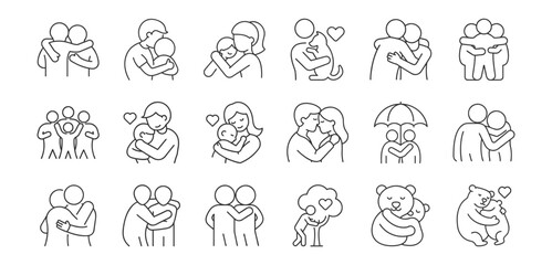 Hugs, line icon set. Vector pictograms of family, couple embraces, pet affection, symbolic support, comforting thin linear illustration.