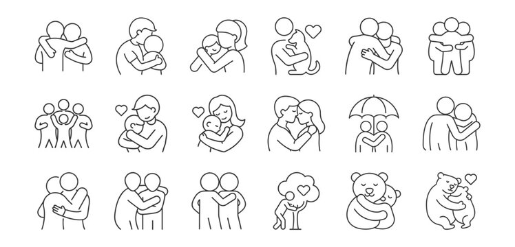 Hugs, line icon set. Vector pictograms of family, couple embraces, pet affection, symbolic support, comforting thin linear illustration.
