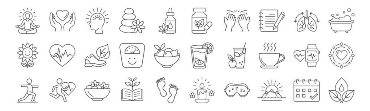 Wellness, Self-Care line icon set. Vector pictograms of mental clarity, fitness, nutrition, relaxation, meditation, mental health, stress relief, body-mind connection thin linear illustration.