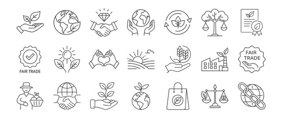 Fair Trade, Sustainability line icon set. Vector pictograms of ethical practices, eco-friendly initiatives, global responsibility, thin linear illustration.