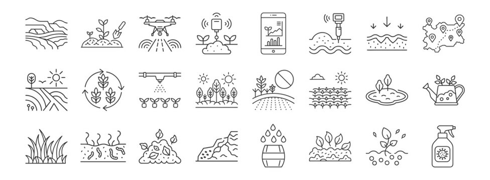 Soil Regeneration, Sustainable Agriculture line icon set. Vector pictograms of irrigation systems, erosion control, nutrient management, AI-based agricultural tools, thin linear illustration.