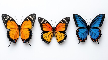 A photostock of colorful butterflies on a white background, vibrant and close-up.