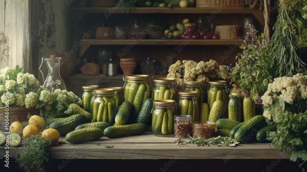 Poster Jars of preserved cucumbers and fresh cucumbers on a wooden table with herbs and spices in a rustic kitchen setting.