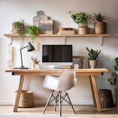 Stylish Home Office Interior Design with Plants and Desk Accessories