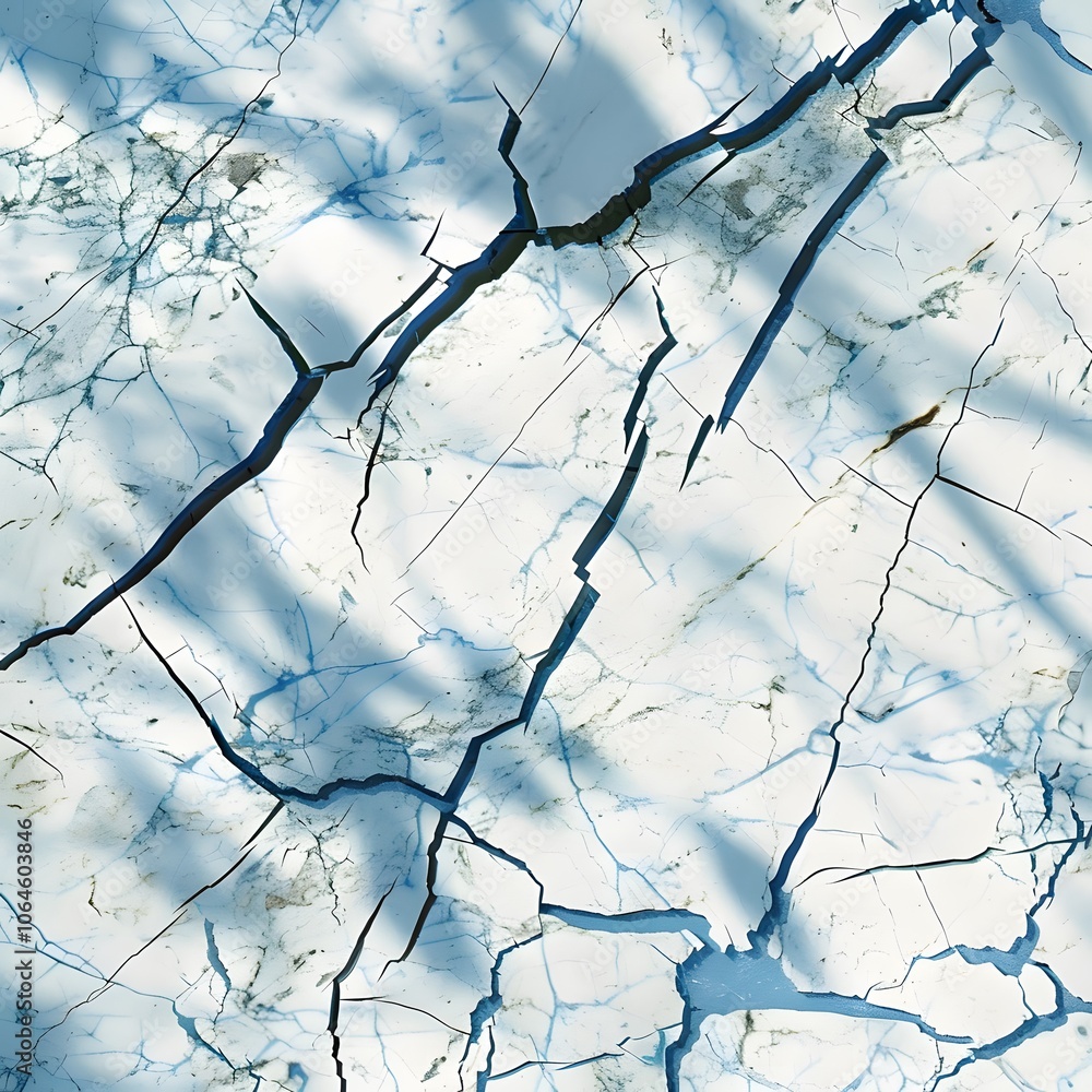 Poster a close-up view of cracked ice, showcasing intricate patterns and textures.