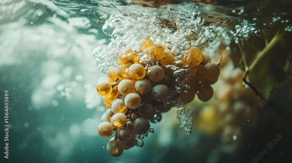 Poster a cluster of ripe white grapes submerged in water, creating a cascade of air bubbles.