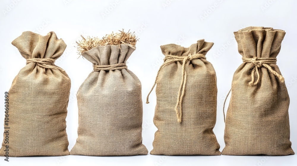 Aufkleber burlap sacks filled with various materials displayed for sale generative ai