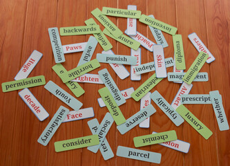 pile of word cards on table