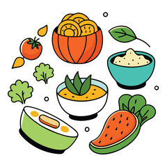 Vegetarian food dish collection Hand down on white background