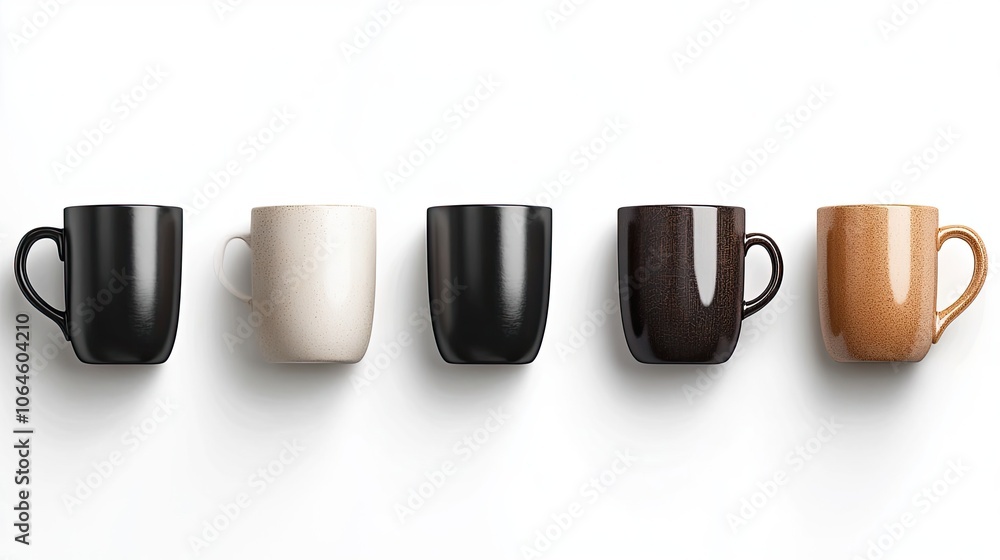 Poster collection of five ceramic mugs arranged in a row on a white surface generative ai