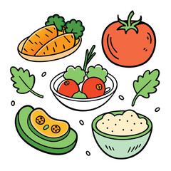 Vegetarian food dish collection Hand down on white background