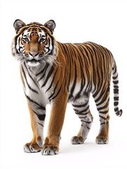 Obraz premium Majestic tiger in an eye-catching design featuring intricate stripes and a captivating gaze on a white background.