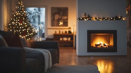 Scandinavian-style living room with a minimalist glowing tree and a simple fireplace.