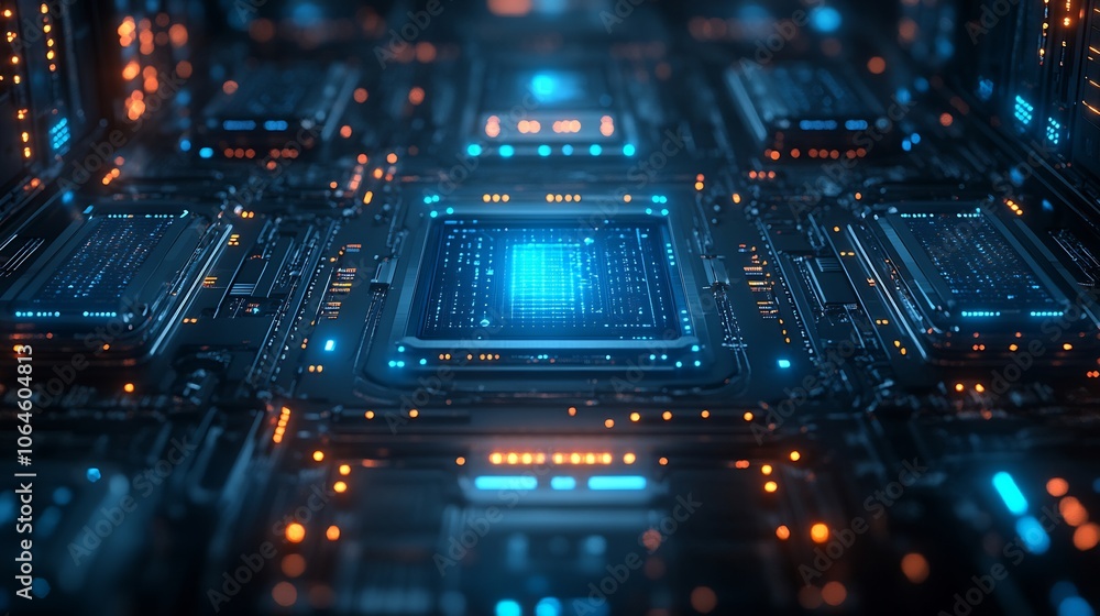 Poster interconnected network of servers glowing secure blue light surrounded by a digital barrier represen