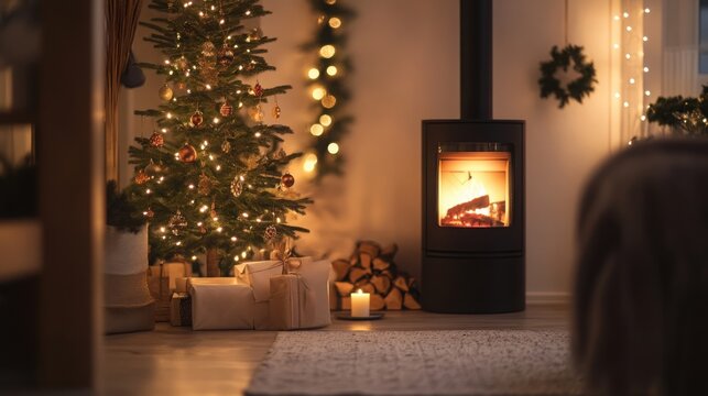 Scandinavian-style space with a minimalist glowing tree and a simple wood-burning stove. - Powered by Adobe