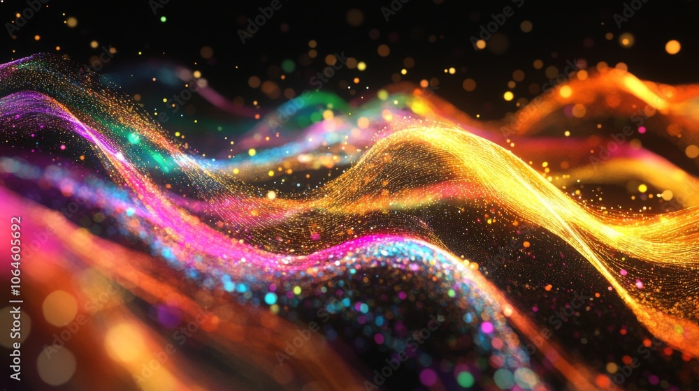 Poster vibrant abstract waves with glittering particles