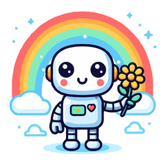 Cartoon robot holding a flower under a rainbow 