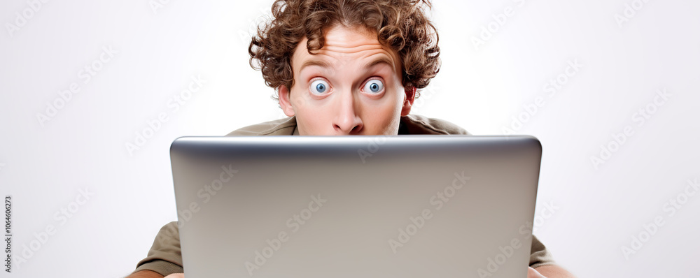 Aufkleber Surprised man with curly hair reacts while staring at a laptop screen in a bright setting during daytime
