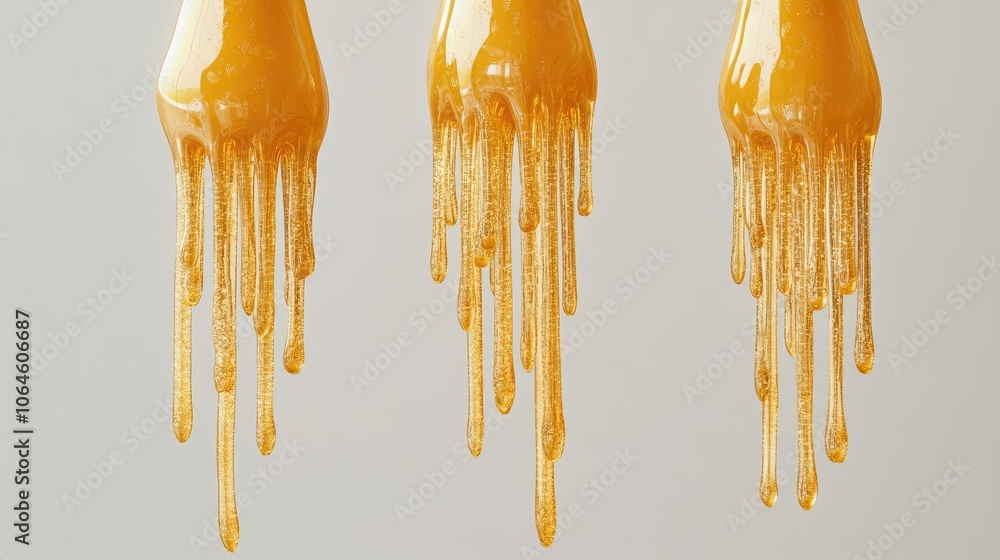 Poster melted gold dripping from three suspended sources in soft light generative ai