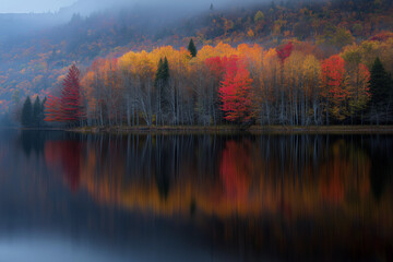 Stunning Autumn Foliage Reflection on a Calm Lake Near Killington, Vermont