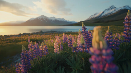 Colorful Lupins in Bloom by Lake Tekapo at Sunrise on New Zealand’s South Island