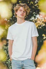 Fototapeta premium Vertical portrait of a young blond caucasian man wearing a blank white mockup t-shirt with copy space