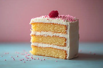 Slice of a triple layer cake with white frosting over a pink background , yummy three layers dessert with berry