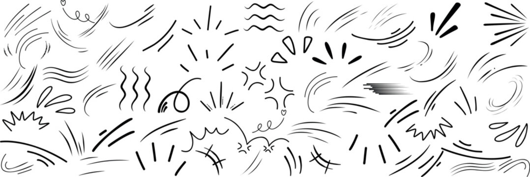Doodle line movement elements featuring abstract lines, swirls, and sketch strokes. Perfect for dynamic backgrounds, illustrations, and comic effects. Great for emphasizing motion, energy direction