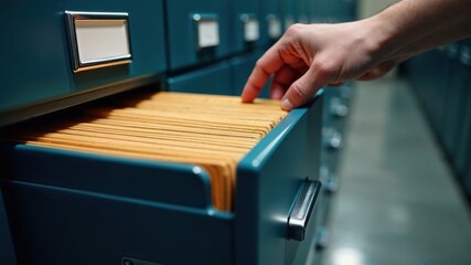 A hand pulls a file from a blue filing cabinet, with several neatly organized manila folders visible inside the drawer