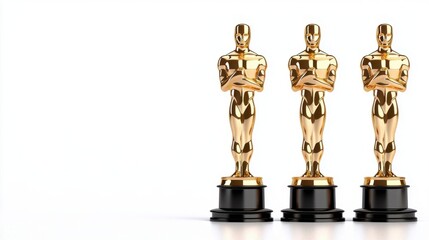 A photostock of golden trophies lined up on a white background, isolated and celebratory.