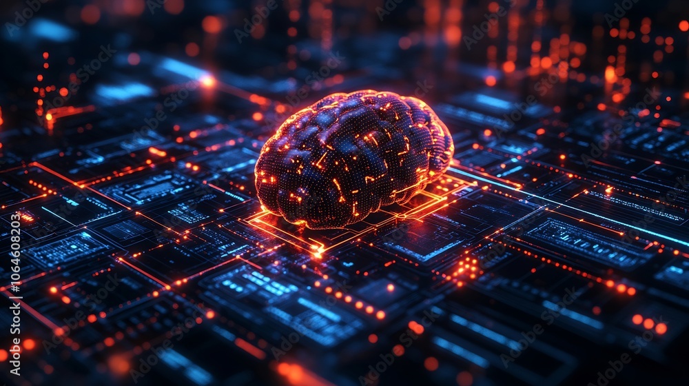 Poster aipowered cyber defense visualized a large digital brain surrounded by glowing shields and security 