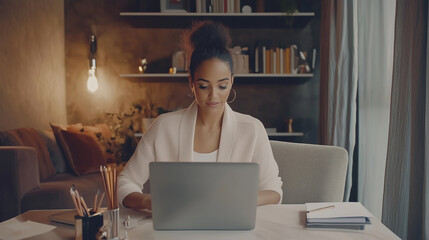 Woman in a stylish home office, efficiently using her laptop to connect with clients and manage her business. This prompt emphasizes the role of technology in entrepreneurship, sho