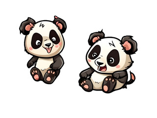 Two cute cartoon panda bears sitting together on a transparent background, showcasing their playful and charming design.
