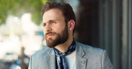 Naklejka premium Businessman, vision and thinking with balcony in real estate agency for ideas, planning and company. Male person, brainstorming and mindful as employee, realtor and professional in office building